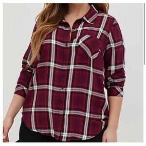 TORRID Red Plaid Twill Button-Up Long Sleeve Shirt Sz 1